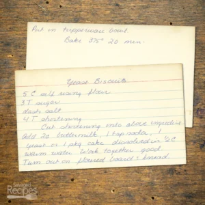 Handwritten recipe card for Yeast Biscuits
