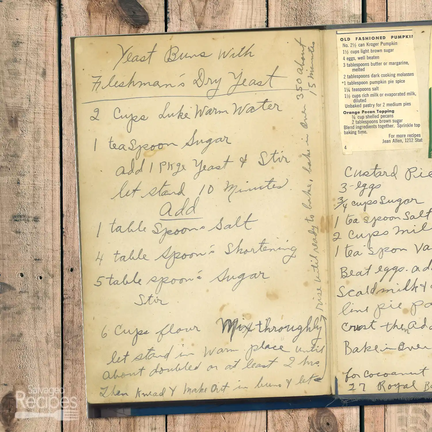 Handwritten recipe for Yeast Buns with Fleischmann's Dry Yeast