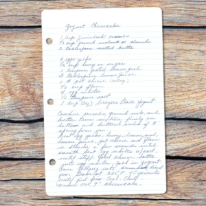 Handwritten recipe for Yogurt Cheesecake