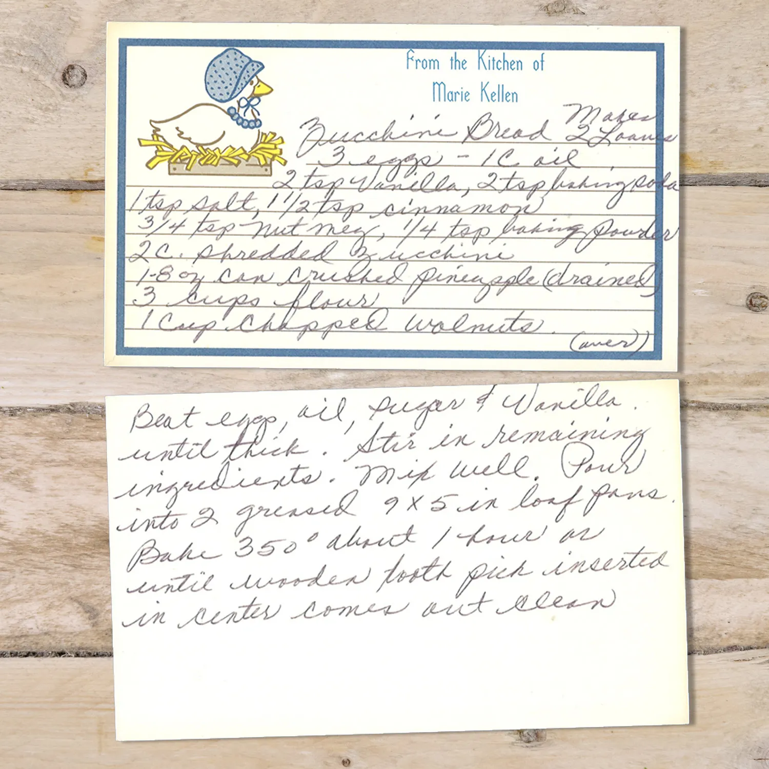 HAndwritten recipe card for Zucchini Bread