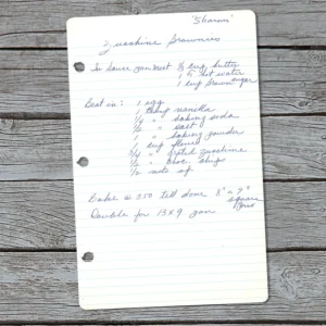 Handwritten recipe for Zucchini Brownies from Sharon