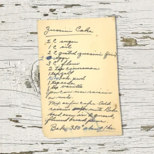 HAndwritten recipe for Zucchini Cake
