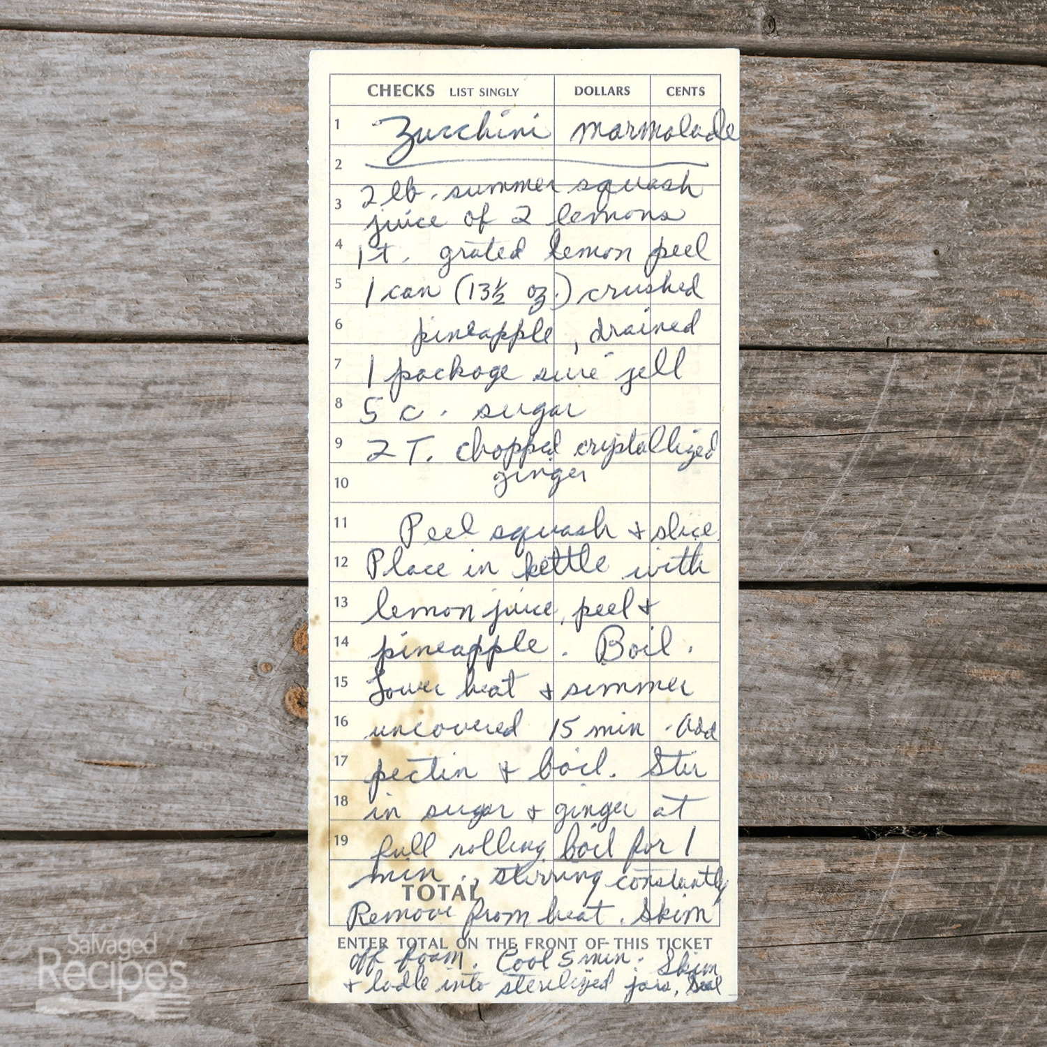Handwritten recipe for Zucchini Marmalade