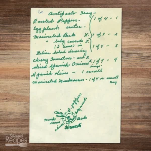 Handwritten recipe for Antipasto Tray