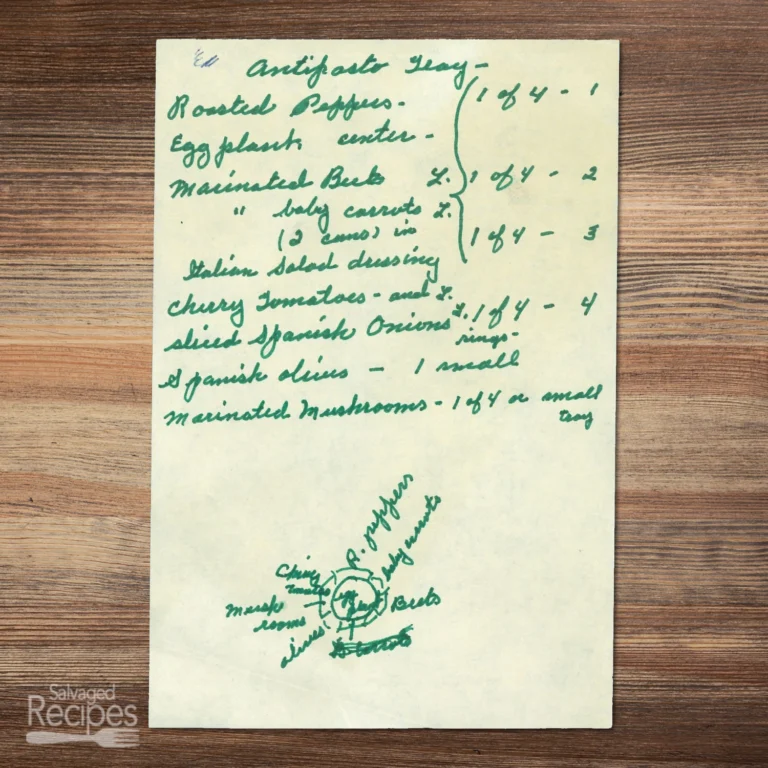 Handwritten recipe for Antipasto Tray