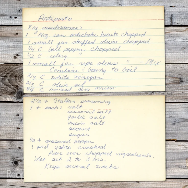 Handwritten recipe card for Antipasto