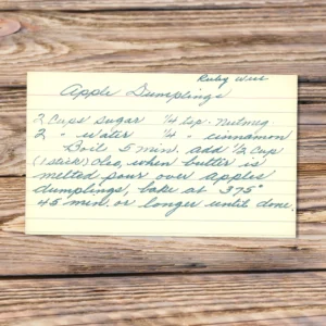 Handwritten recipe card for Apple Dumplings