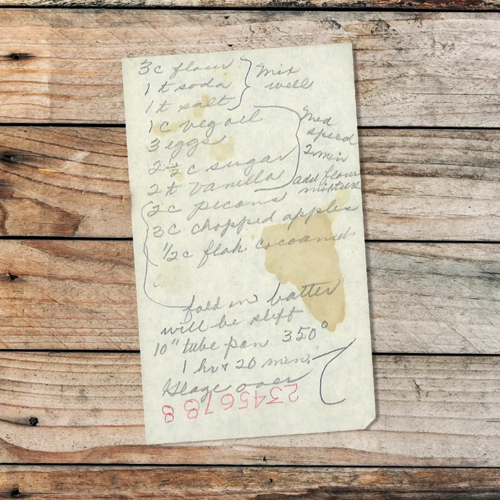 Handwritten recipe for Apple-Pecan Coconut Cake