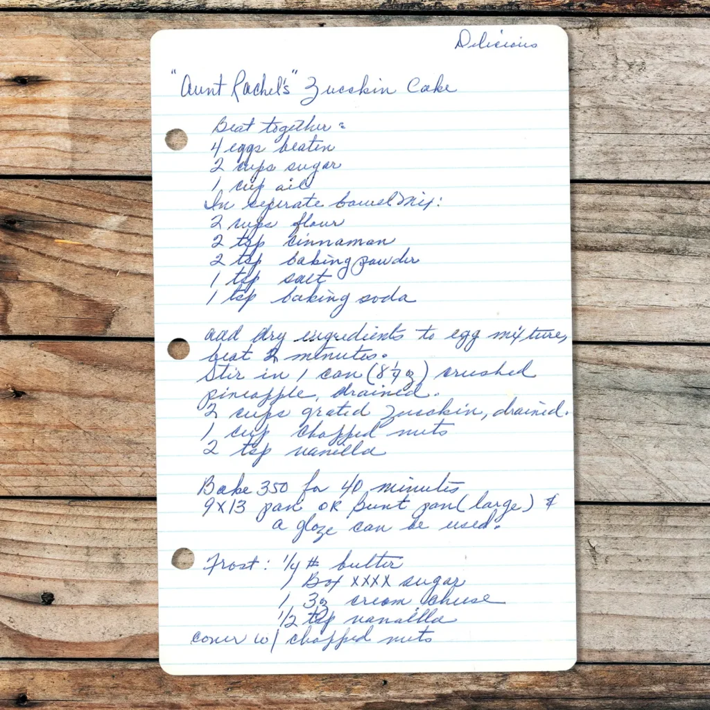 Handwritten recipe for Aunt Rachel's Zucchini Cake