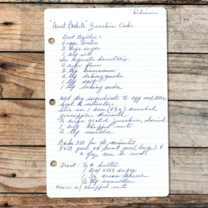 Handwritten recipe for Aunt Rachel's Zucchini Cake