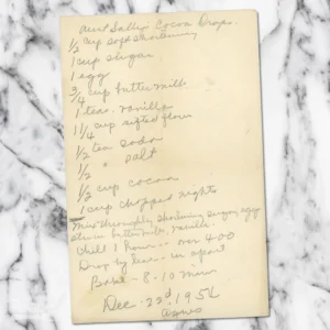 Handwritten recipe for Aunt Sally's Cocoa Drops