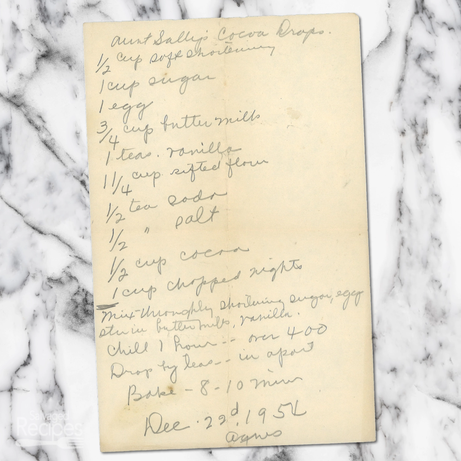 Handwritten recipe for Aunt Sally's Cocoa Drops
