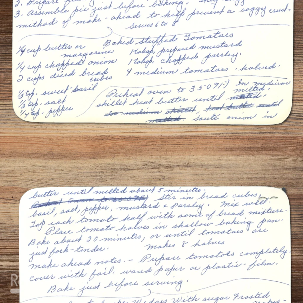 Handwritten recipe for Baked Stuffed Tomatoes