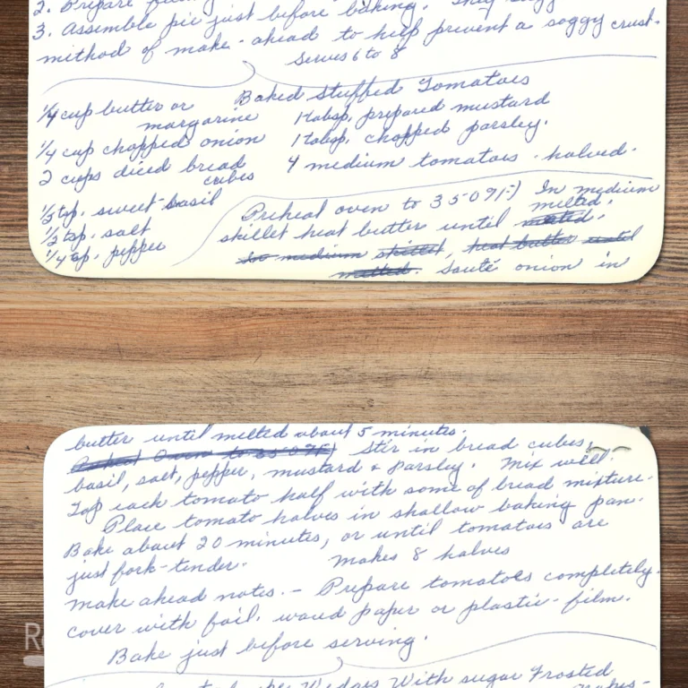 Handwritten recipe for Baked Stuffed Tomatoes