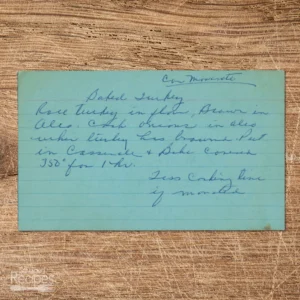 Handwritten recipe card for Baked Turkey