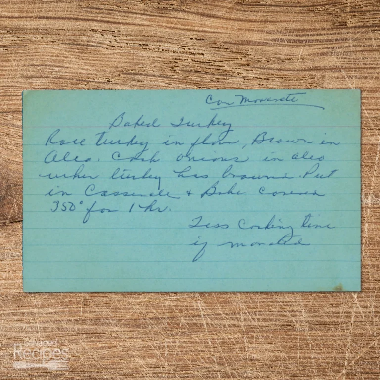 Handwritten recipe card for Baked Turkey