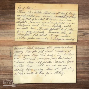 Handwritten recipe card for Beef Stew