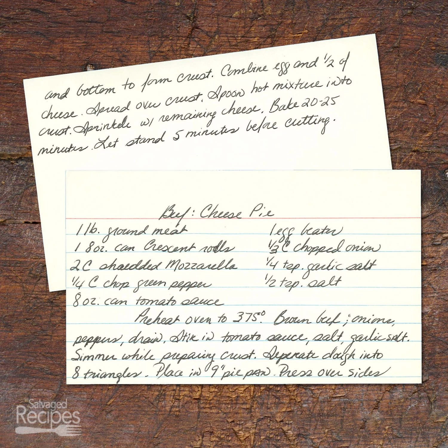 Handwritten recipe card for Beef and Cheese Pie