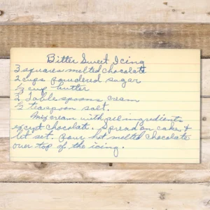 Handwritten recipe card for Bittersweet Icing