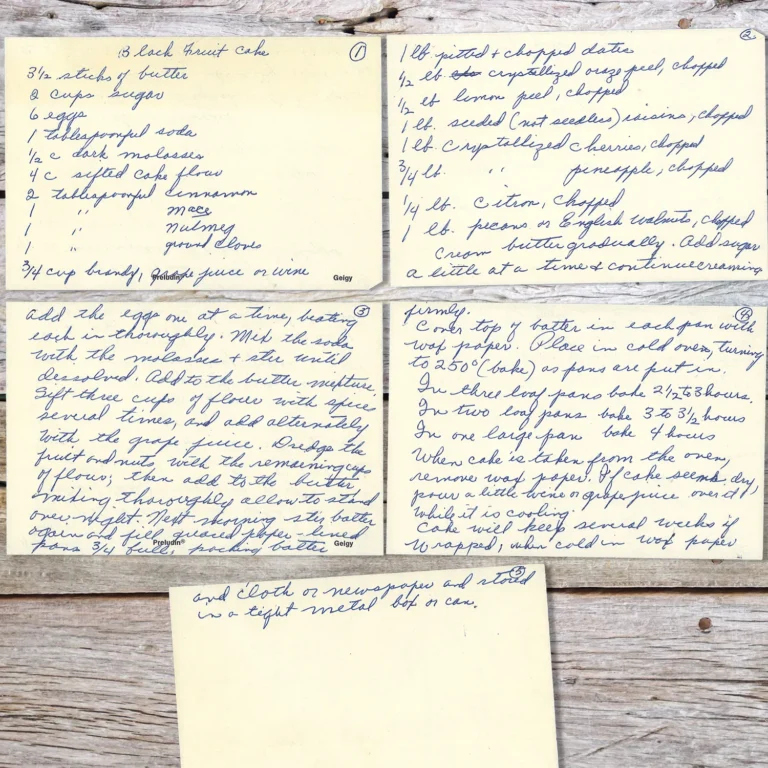 Handwritten recipe cards for Black Fruit Cake