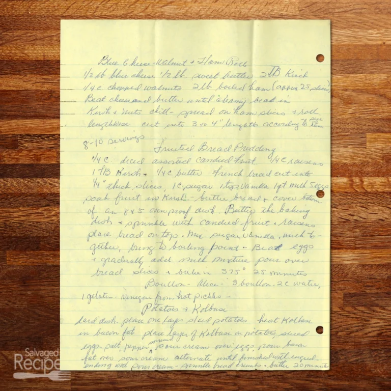 Handwritten recipe for Blue Cheese and Walnut Ham Rolls