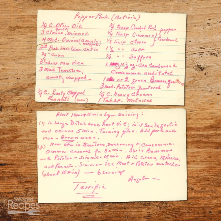 Handwritten recipe card for Bolivian Pepper Pork from Angela