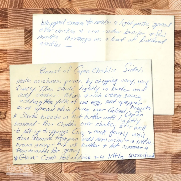Handwritten recipe card for Breast of Capon Chablis Sidoli