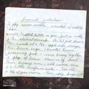 Handwritten recipe for Broccoli Coleslaw