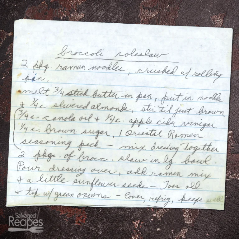 Handwritten recipe for Broccoli Coleslaw