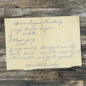 Handwritten recipe for Brown Sugar Frosting from Mrs Polikowsky
