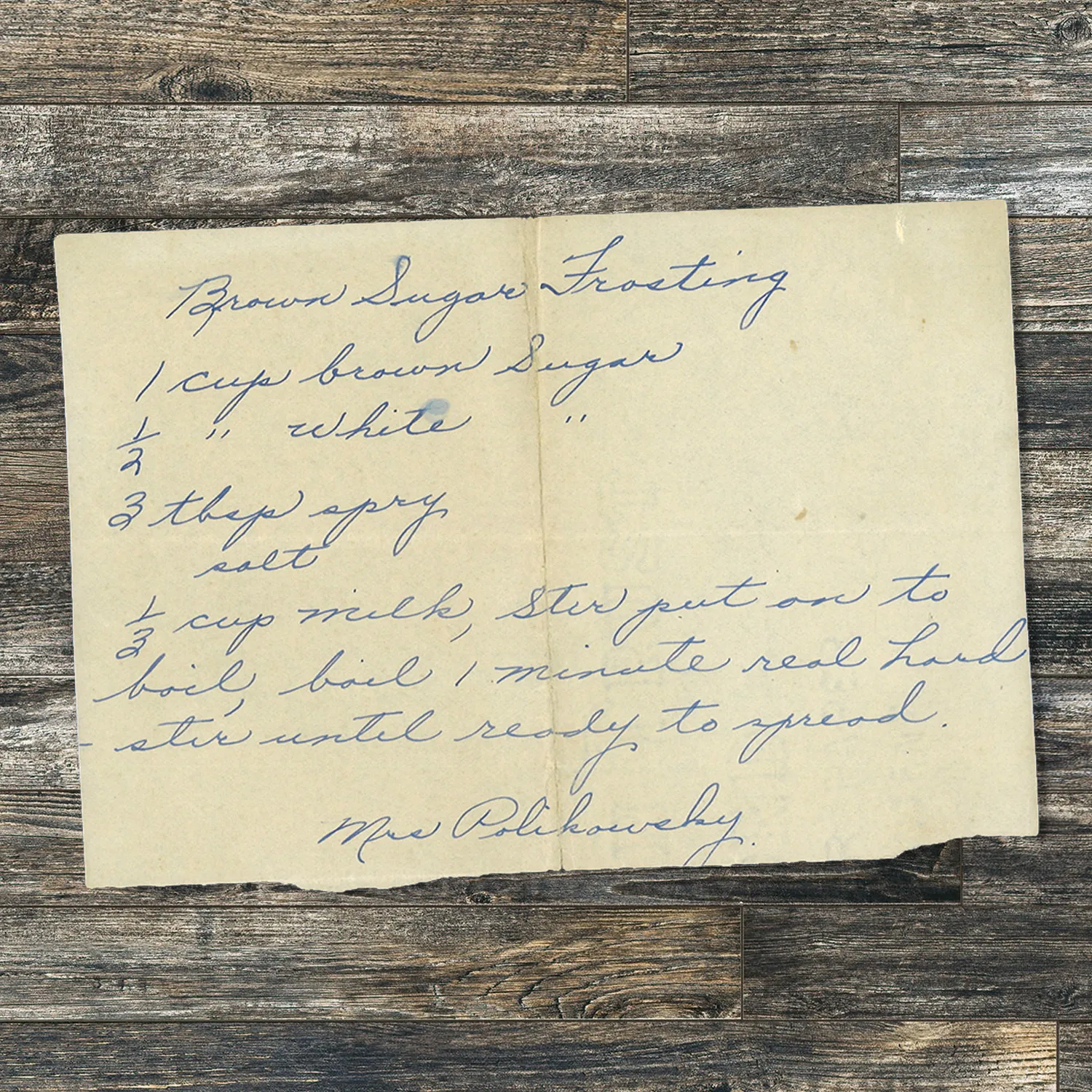 Handwritten recipe for Brown Sugar Frosting from Mrs Polikowsky