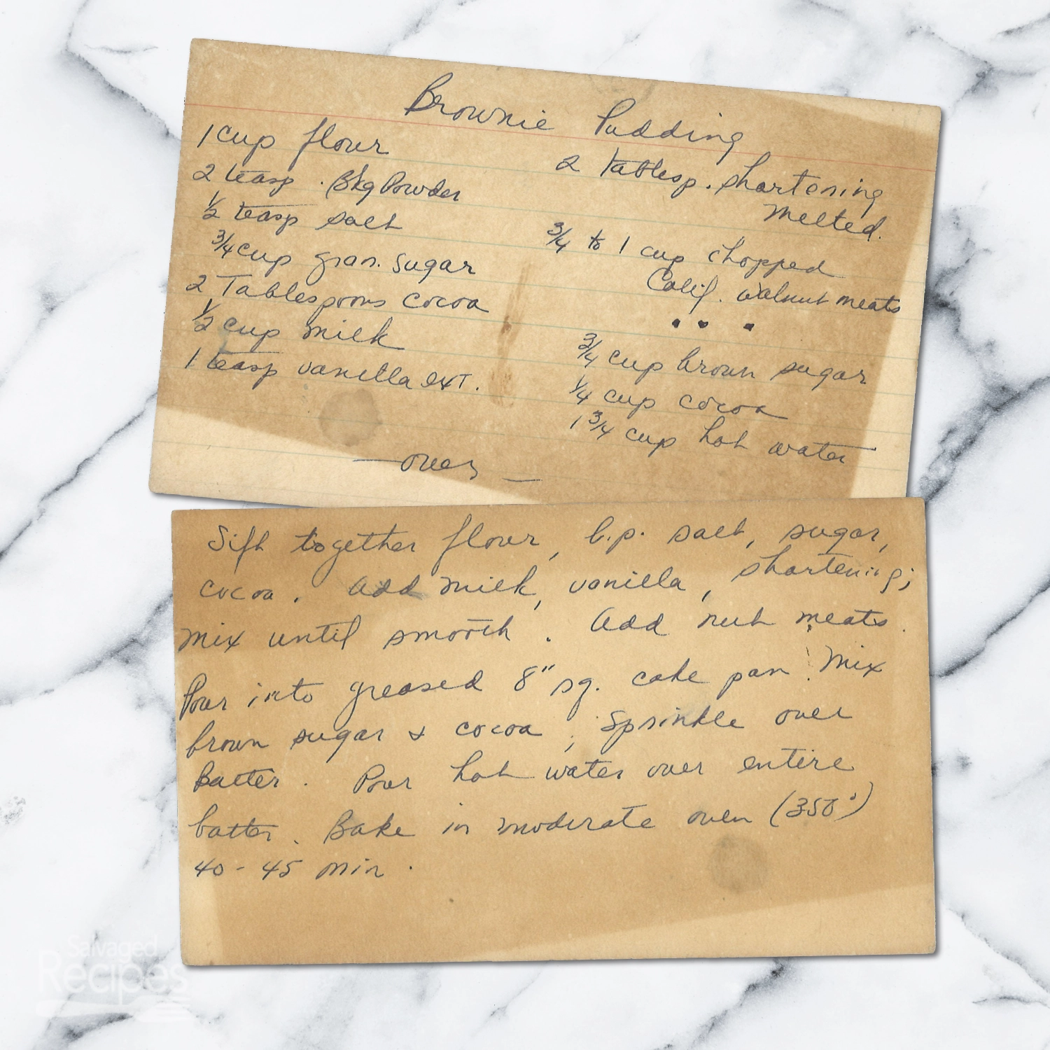 Handwritten recipe card for Brownie Pudding