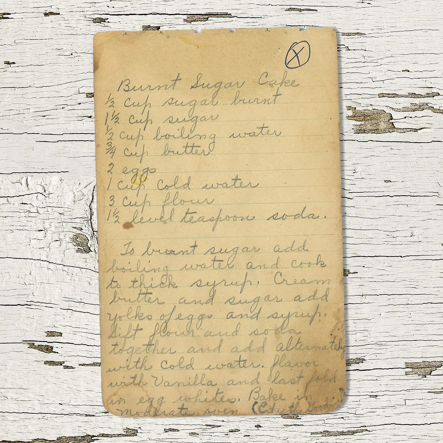 Handwritten recipe for Burnt Sugar Cake