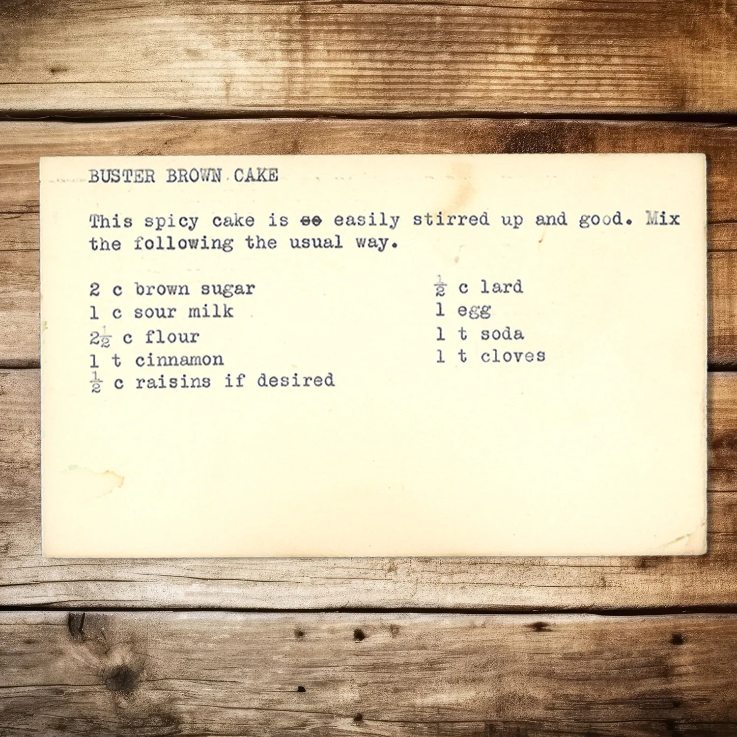Typed recipe card for Buster Brown Cake
