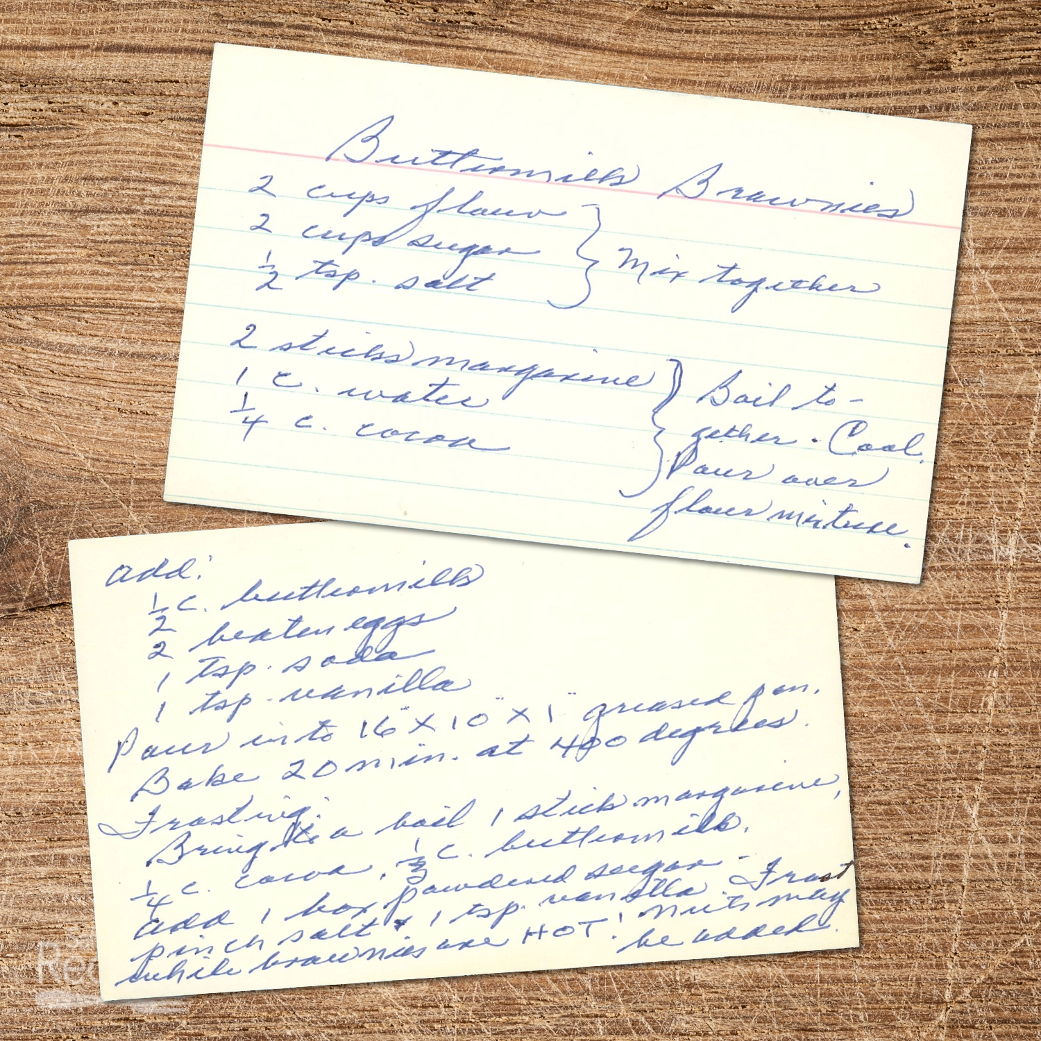 Handwritten recipe card for Buttermilk Brownies