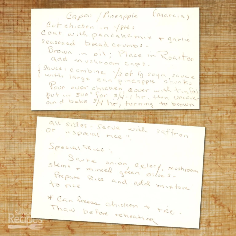 Handwritten recipe card for Capon Pineapple from Marcia