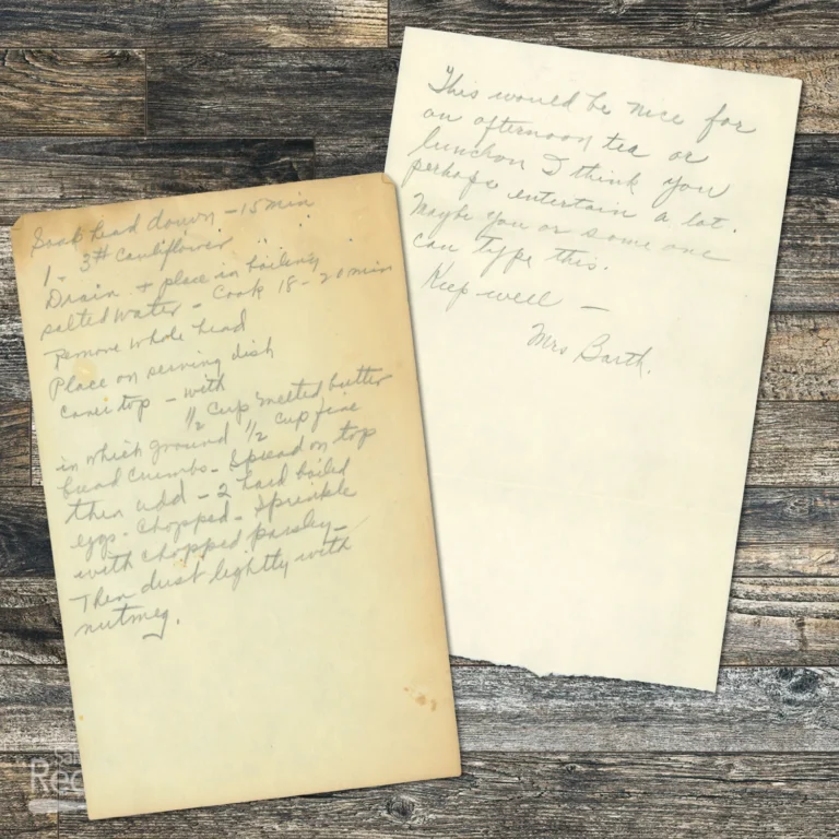 Handwritten recipe for Cauliflower from Mrs. Barth