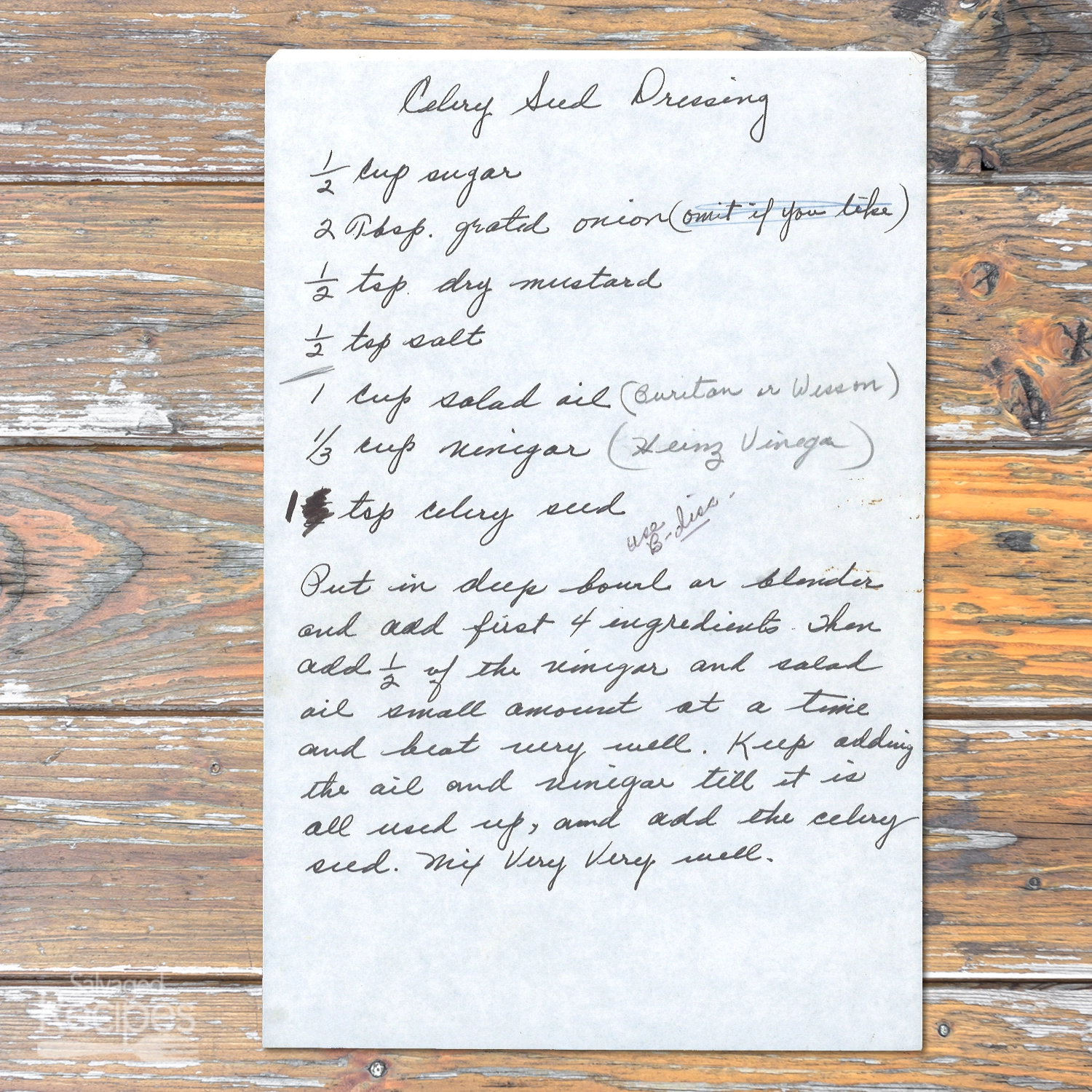 Handwritten recipe for Celery Seed Dressing