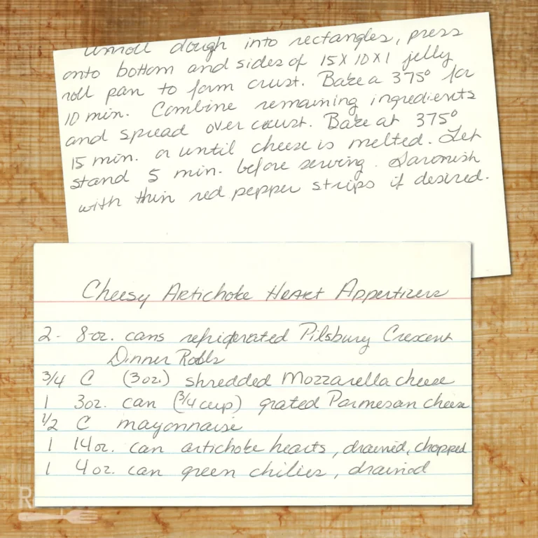 Handwritten recipe card for Cheesy Artichoke Heart Appetizer