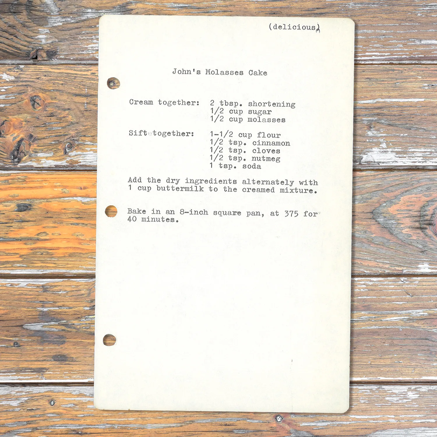 Typed recipe for John's Molasses Cake