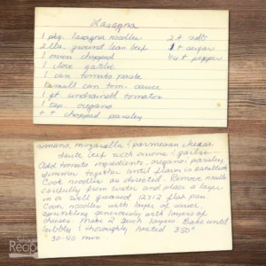 Handwritten recipe card for Lasagna