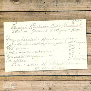 Handwritten recipe card for Layered Rhubarb Cake