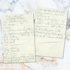 Handwritten recipe for Leda's Secret Cake