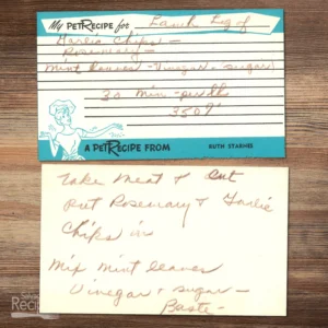 Handwritten recipe card for Leg of Lamb