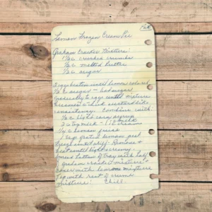 Handwritten recipe for Lemon Frozen Cream Pie
