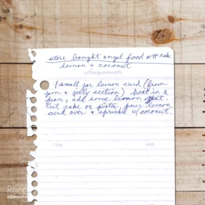 Handwritten recipe for Lemon & Coconut Angel Food Cake