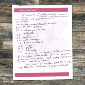 Handwritten recipe for Macaroni Turkey Salad