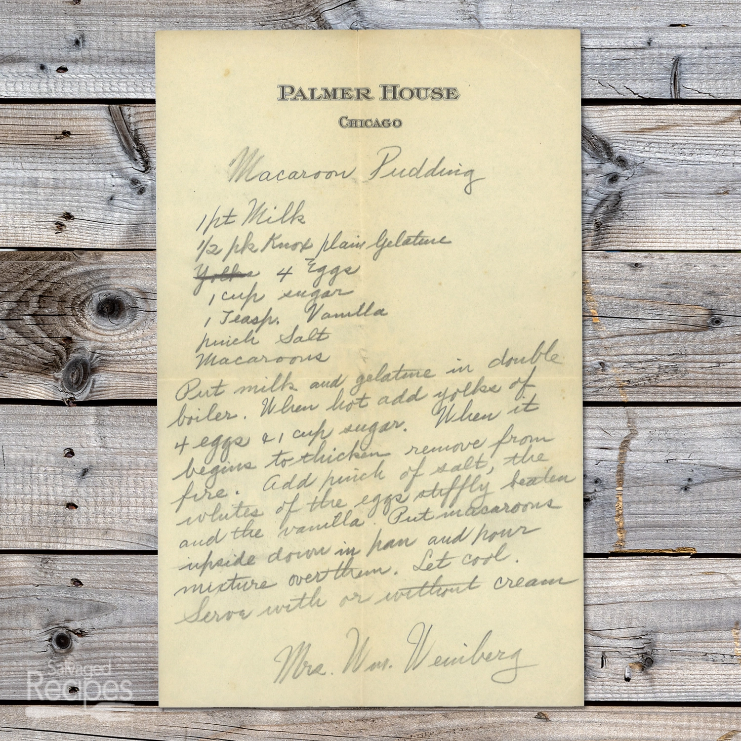 Handwritten recipe for Macaroon Pudding