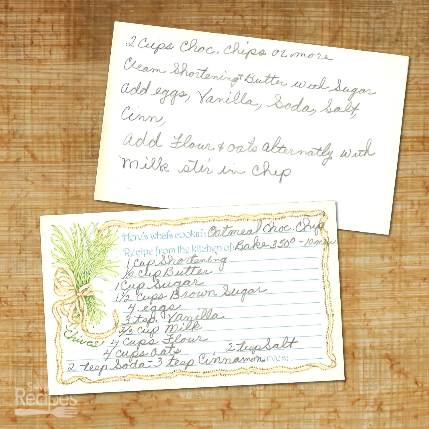 Handwritten recipe card for Oatmeal Chocolate Chip Cookies