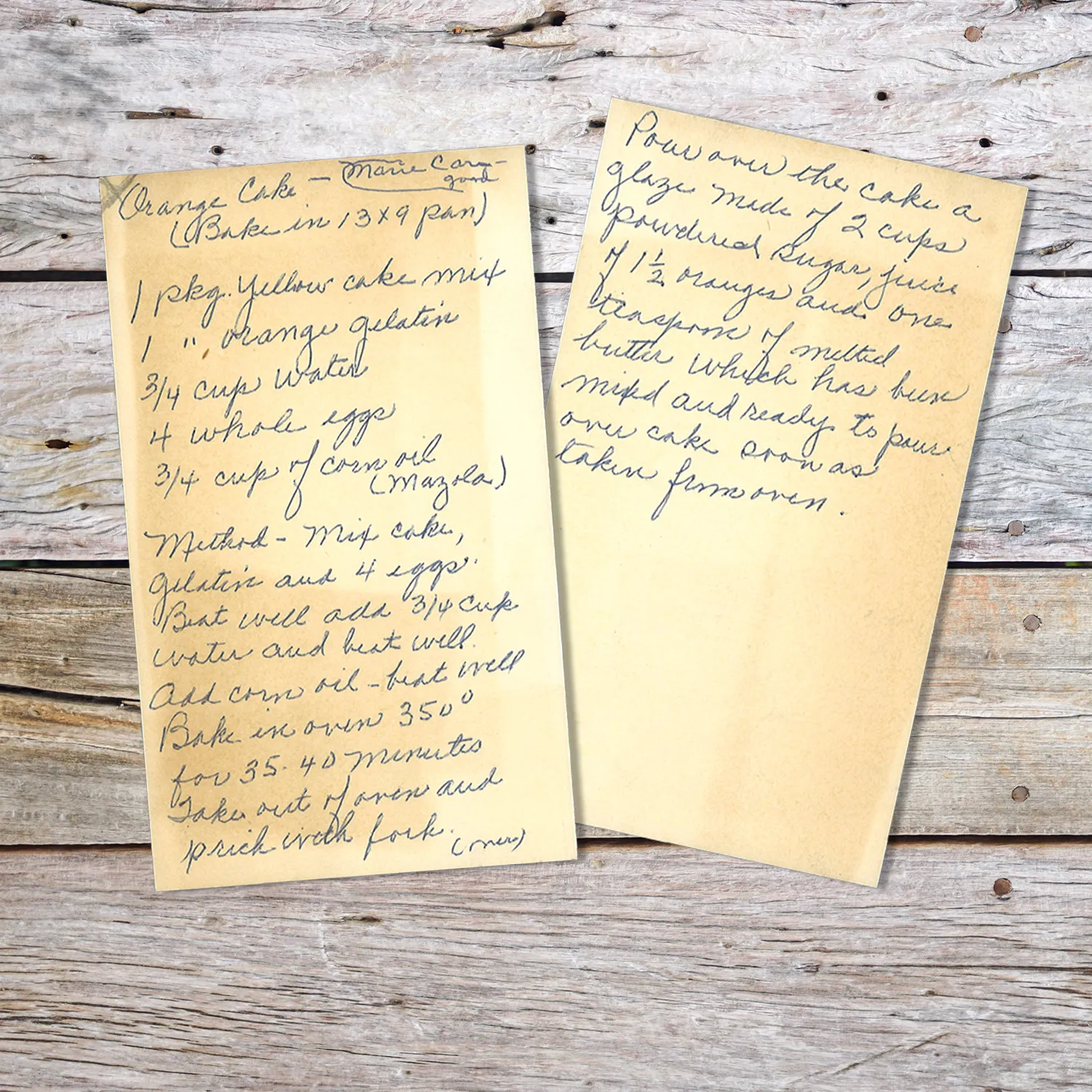 Handwritten recipe for Orange Cake from Marie Carr